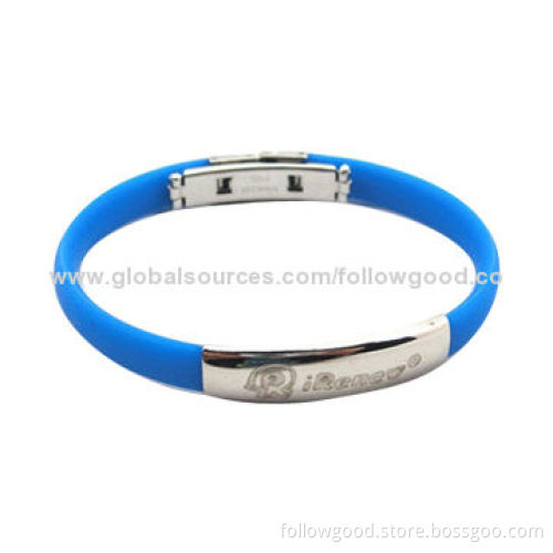 Metal Clip Silicone Wristband, Customized Sizes, Shapes and Packing Available